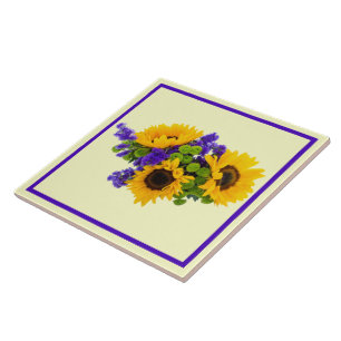 Solblommor och blå statice kakelplatta