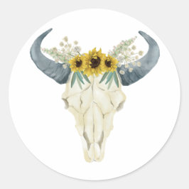 Solblommor och Bull Skull Bröllop Sticker Runt Klistermärke