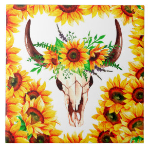 Solblommor och Bull Skull Kakelplatta