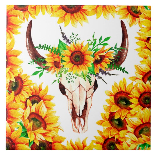 Solblommor och Bull Skull Kakelplatta (Framsidan)