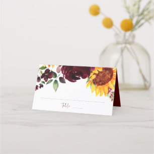 Solblommor och Burgundy Ro Fall Wedding Placeringskort