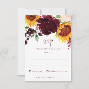 Solblommor och Burgundy Röd ros Fall Wedding OSA Kort