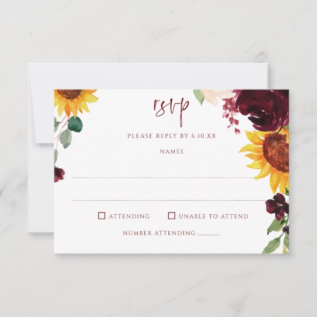 Solblommor och Burgundy Röd ros Fall Wedding OSA Kort (Framsida)