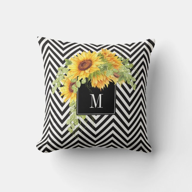 Solblommor och Chevron Rand med Monogram Kudde (Framsida)