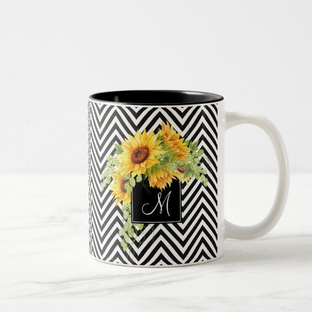 Solblommor och Chevron Rand med Monogram Två-Tonad Mugg (Höger)