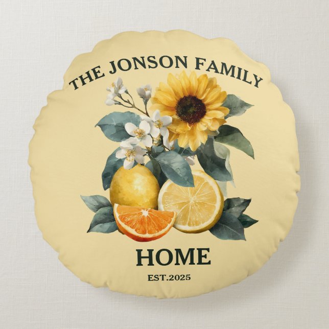 Solblommor och Citrus-familjens design Rund Kudde (Framsidan)