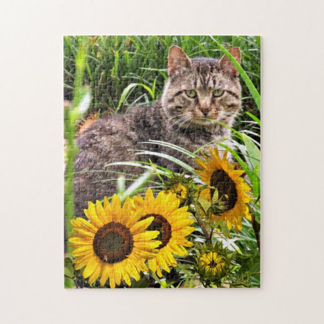 Solblommor och Cute Cat Jigszle Puzzle Pussel (Vertikal)