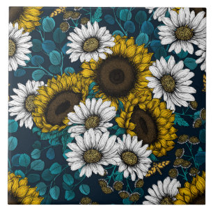 Solblommor och daisy, sommarträdgård 2 kakelplatta
