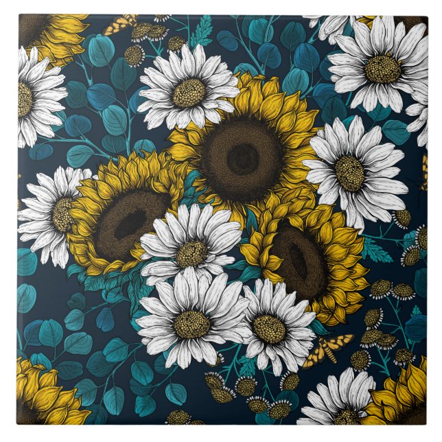 Solblommor och daisy, sommarträdgård 2 kakelplatta (Framsidan)