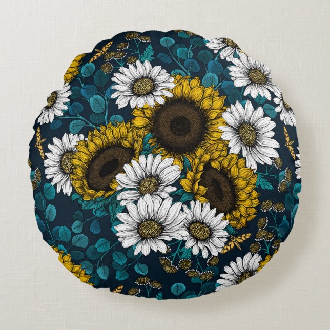 Solblommor och daisy, sommarträdgård 2 rund kudde (Framsidan)