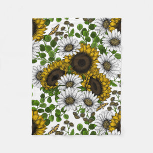 Solblommor och daisy, sommarträdgård 3 fleecefilt