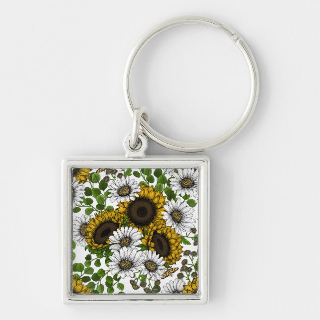 Solblommor och daisy, sommarträdgård 3 fyrkantig silverfärgad nyckelring (Framsidan)