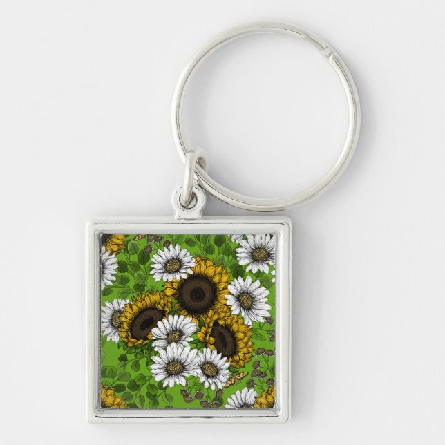 Solblommor och daisy, sommarträdgård fyrkantig silverfärgad nyckelring (Framsidan)