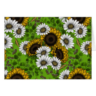 Solblommor och daisy, sommarträdgård hälsningskort