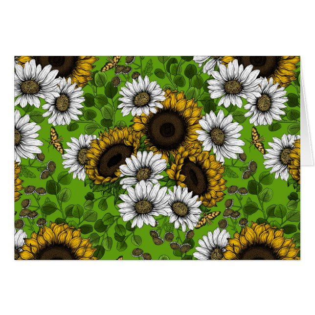 Solblommor och daisy, sommarträdgård hälsningskort (Framsidan Horizontal)