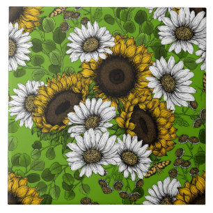 Solblommor och daisy, sommarträdgård kakelplatta