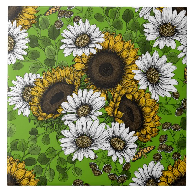 Solblommor och daisy, sommarträdgård kakelplatta (Framsidan)
