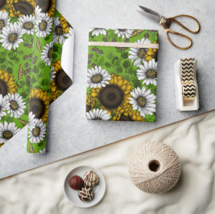 Solblommor och daisy, sommarträdgård presentpapper
