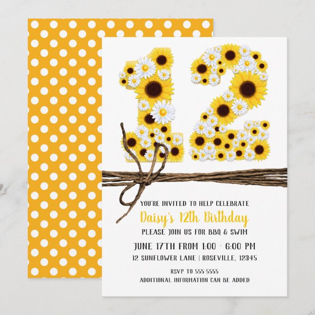 Solblommor och Daisy TWELVE 12 12:E Födelsedagsfes Inbjudningar (Fram/baksida)