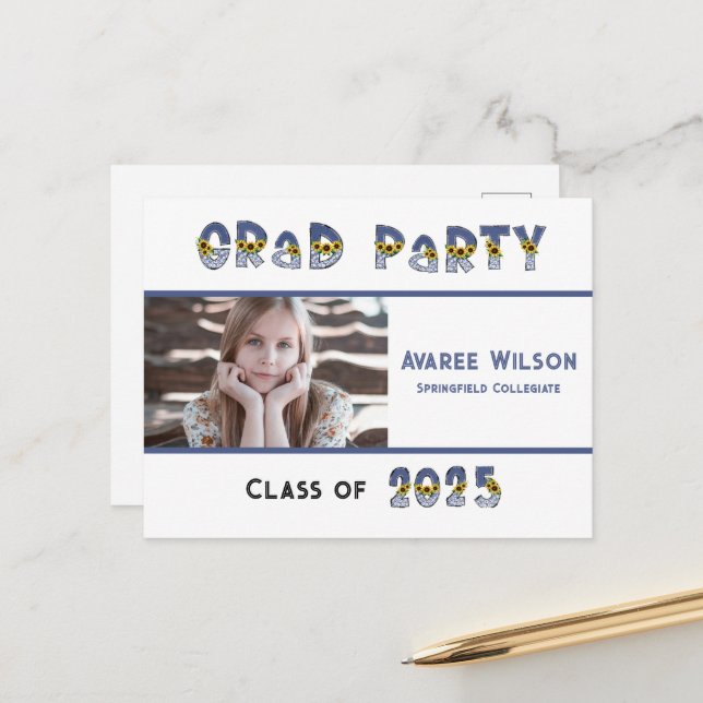 Solblommor och Denim Dotter Photo High School Vykort (Fram/Back In Situ)