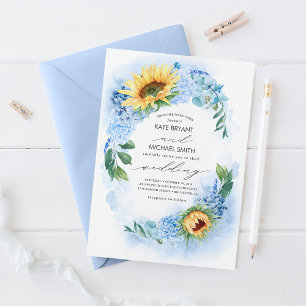 Solblommor och Dusty Blue Hydrangea Blommigt Bröll Inbjudningar