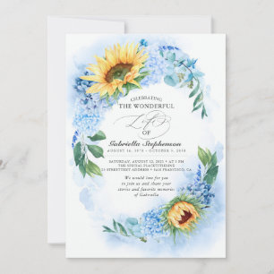 Solblommor och Dusty Blue Hydrangea Blommigt Funer Inbjudningar