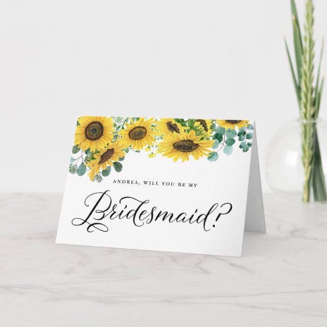 Solblommor och eukalyptus blir min bridesmaid kort (Framsida)