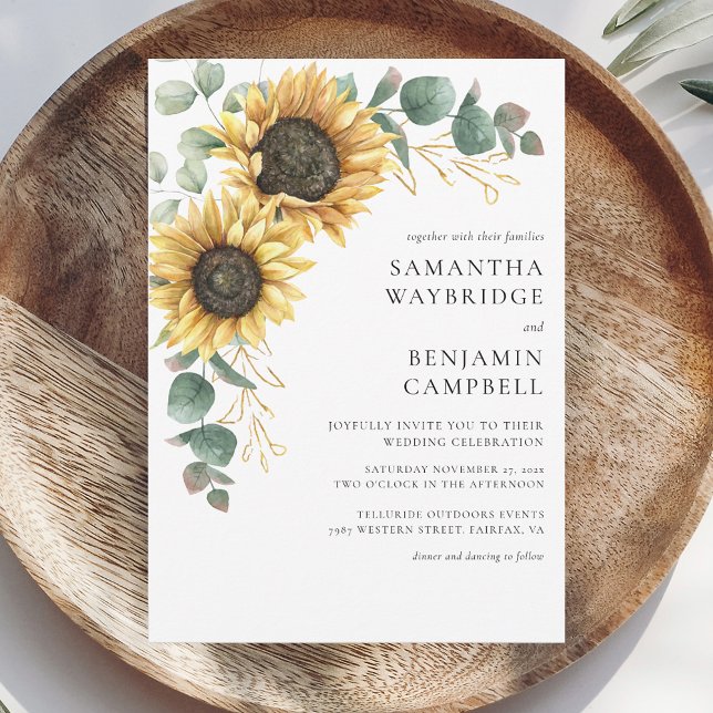 Solblommor och eukalyptus Rustic Bröllop Inbjudningar (Sunflower Eucalyptus Floral Wedding Invitation)