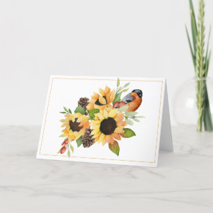 Solblommor och fågelkort för vattenfärg, Thanksgiv Helgkort