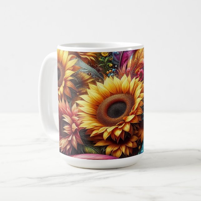 Solblommor och fjädrar kaffemugg (Framsida vänster)