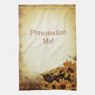 Solblommor och fjäril Gult Brown Kitchen Towel Kökshandduk