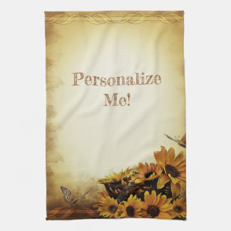 Solblommor och fjäril Gult Brown Kitchen Towel Kökshandduk