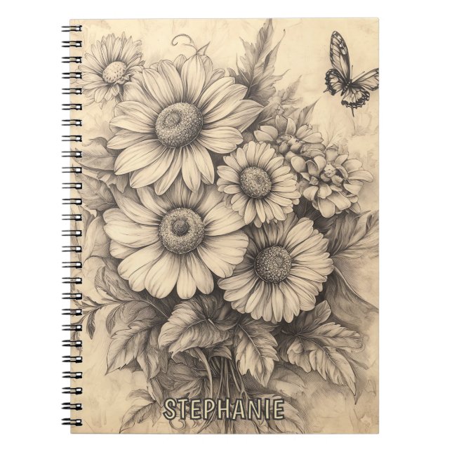Solblommor och fjäril - Rustic Åldras Papper Anteckningsbok (Framsidan)