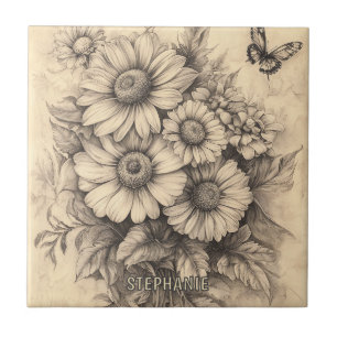 Solblommor och fjäril - Rustic Åldras Papper Kakelplatta