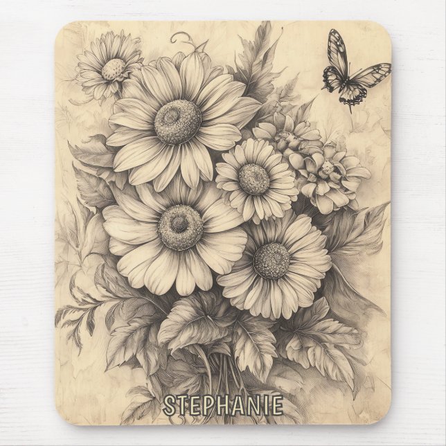 Solblommor och fjäril - Rustic Åldras Papper Musmatta (Framsidan)