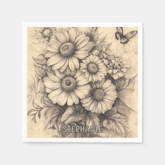 Solblommor och fjäril - Rustic Åldras Papper Pappersservett (Framsidan)