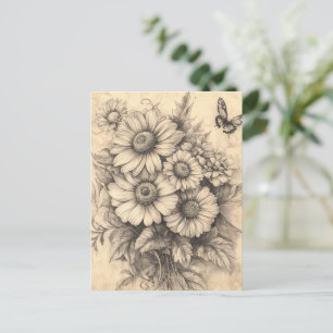 Solblommor och fjäril - Rustic Åldras Papper Vykort
