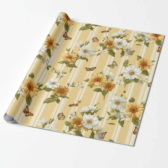 Solblommor och fjärilar på Gult Rand (3) Presentpapper (Utrullad)