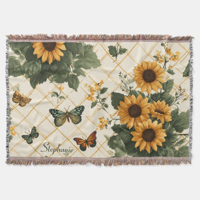 Solblommor och fjärilar på Light Gult Filt (Framsidan)