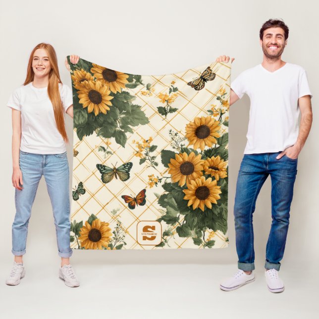 Solblommor och fjärilar på Light Gult Fleecefilt (På plats)