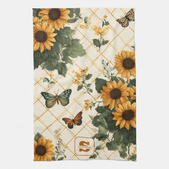 Solblommor och fjärilar på Light Gult Kökshandduk (Vertikal)