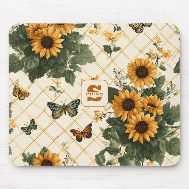 Solblommor och fjärilar på Light Gult Musmatta (Framsidan)