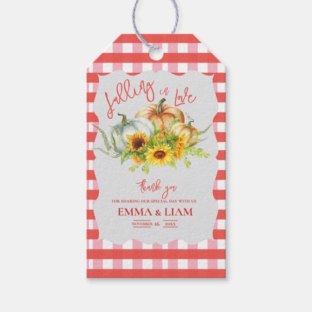 Solblommor och Gingham Rustic Pumpkin Fall Wedding Presentetikett (Framsidan)