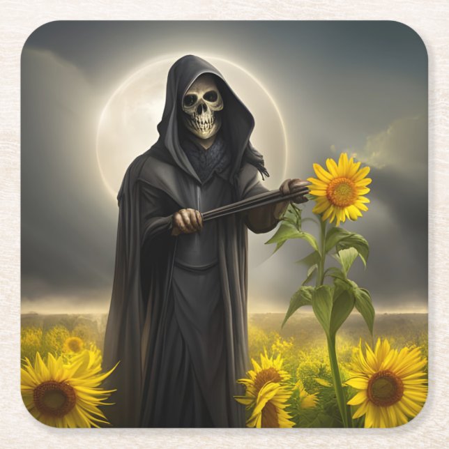 Solblommor och Grim Reaper Underlägg Papper Kvadrat (Framsidan)