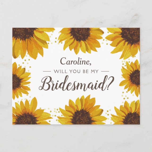 Solblommor och Guld Dots blir min bridesmaid Inbjudan Vykort (Framsida)