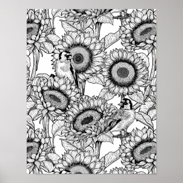 Solblommor och guldfinkar i svartvitt poster (Framsidan)