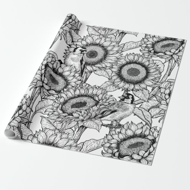 Solblommor och guldfinkar i svartvitt presentpapper (Utrullad)