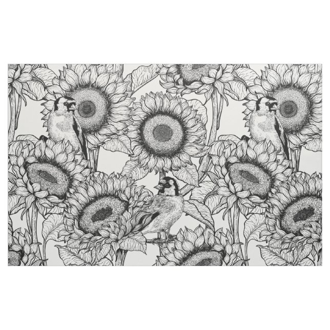 Solblommor och guldfinkar i svartvitt tyg (Fat Quarter)