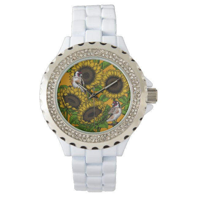 Solblommor och guldfinkar på orangen armbandsur (Framsida)