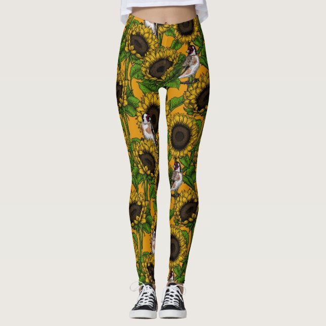 Solblommor och guldfinkar på orangen leggings (Framsida)